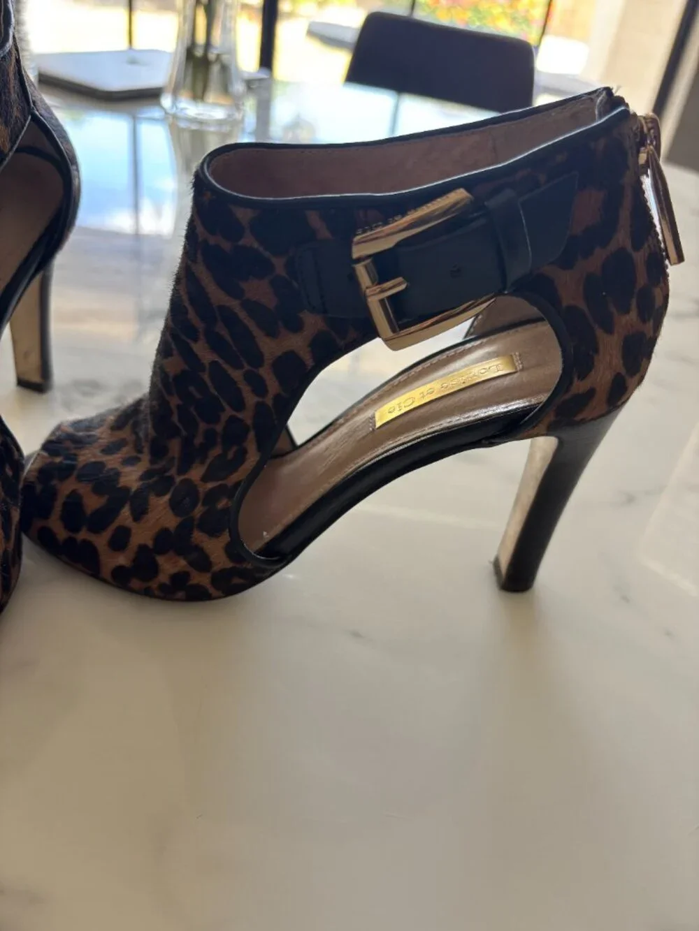 Louise et Cie Leopard Calf Hair Peep Toe Cage Bootie Size 6 Gold Hardware